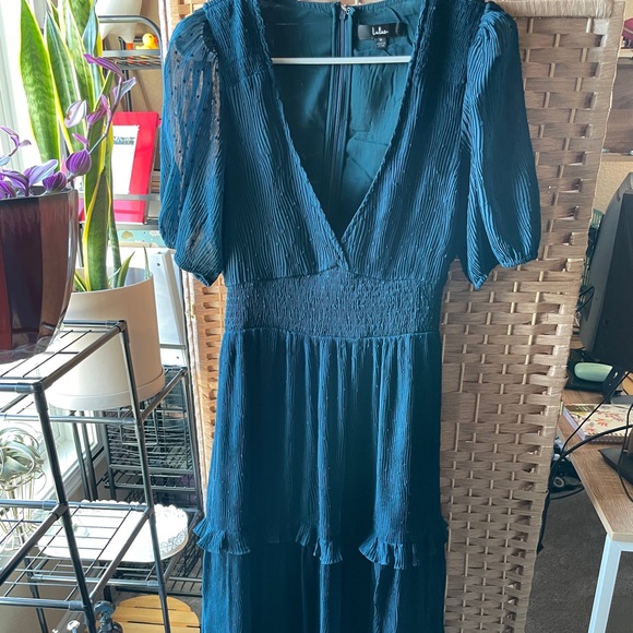Lulus Tier to Please Dark Teal Puff Sleeve Swiss Dot Midi Dress M - Picture 5 of 8
